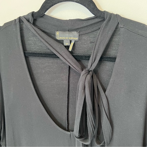 i Jeans By Buffalo Black Julee Tie Neck Long Sleeve Tunic Stretch Top Large NWOT - Picture 2 of 15